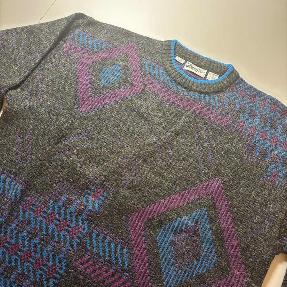 Vintage Zeppelin Sweater XL Geometric Pattern Gray Wool Blend Knitwear